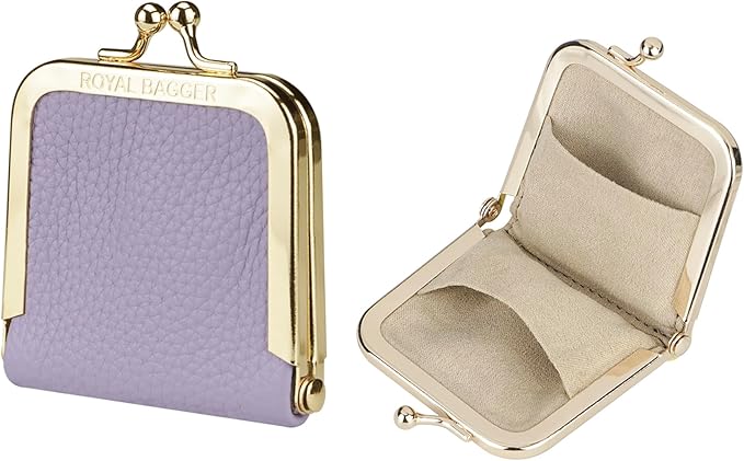 Royal Bagger Genuine Cow Leather Ultra-Slim Mini Jewelry Box, Ring & Necklace Storage, Slim Coin Purse with Kiss Lock for Women 3120 (Light Purple)