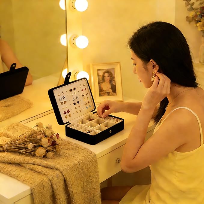 QBestry All-in-One Travel Jewelry Organizer for Women Black | Small Jewelry Box with 68 Earring Holes | Compact Portable Jewelry Case for Earrings, Rings, Necklaces | Perfect Gifts for Mom Wife Girls