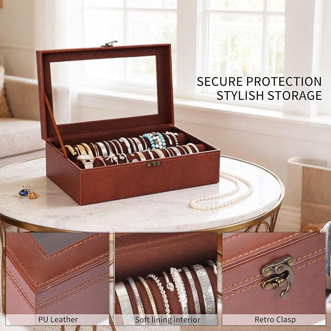 AUTOARK Bracelet & Watch Storage Box with Glass Lid & 2 Anti-Roll Rods,PU Leather Jewelry Case,Soft Lined Locking Organizer for Women,Gift for Dresser & Cabinet Display,Coffee,MKAW143