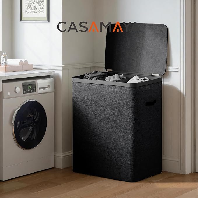 CASAMAYA Laundry Basket with Lid, Laundry Hamper 3 Section, 190L collapsible Laundry Organizer, Easy Assembly,with Handles and Removable Liners, 25.2 x 15.7 x 29.5 Inches, Black JSP904B