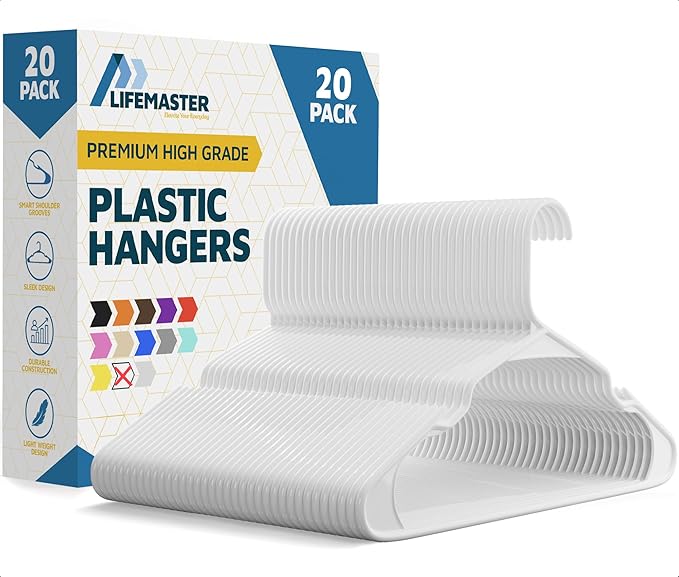 Lifemaster Plastic Clothes Hangers – Heavy Duty Hanger Set, for Organizing Clothes, Dresses, and Coat, Holds Up to 5 lbs, Space-Saving Hangers with Non-Slip Shoulder Grooves, Pack of 20, White