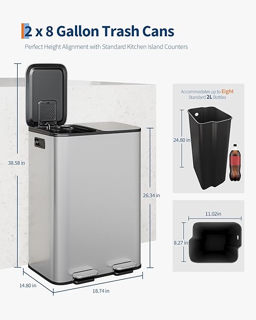GarveeHome 2 x 8 gal Stainless Steel Double Trash Can with Lid for Kitchen, Large Dual Trash and Recycle Bin Combo, Step-on Kitchen Metal Garbage Cans, PP Inner Buckets, Liner Rim