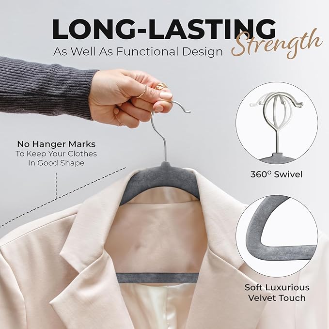 Our Modern Space 200 Pack Velvet Hanger for Shirt Pants Dresses Skirts Suits Jackets - Slim Space Saving Design - Standard Coat Hanger - Sturdy & Durable Design with Shoulder Grooves Hook