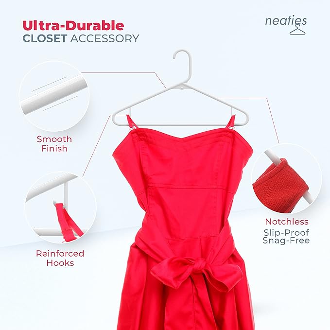 Neaties Plastic Hangers 100+ Pack (150 Count) – Made in the USA – 6lb Capacity Standard Clothes Hangers with Strap Hooks for Dresses, Lingerie, Shirts, Pants, and Jackets – Peach