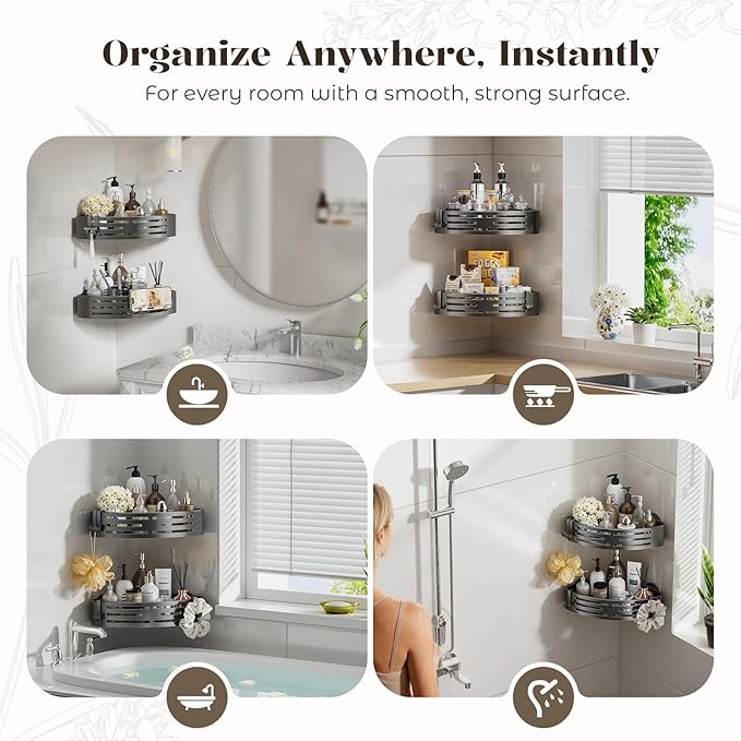 Corner Shower Caddy Suction Cup,Shower Shelves with Hooks,No Drilling Powerful Suction Bathroom Organizers and Storage,Removable Waterproof Rustproof Shower Bathroom Accessories Decor(Grey 2Pack)