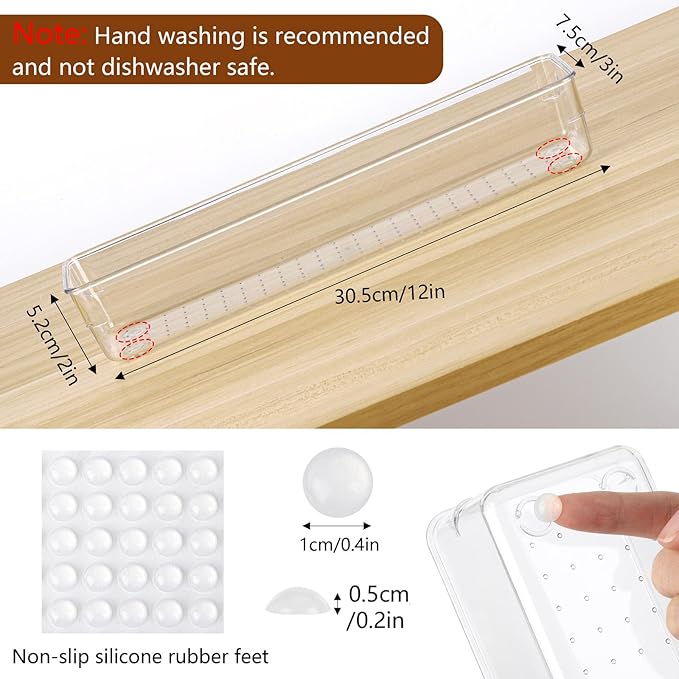 Ohlove 6 Pcs Large Clear Plastic Drawer Organizers Tray 12"x3" Storage Bins with 25 Pcs Non-Slip Pads for Makeup, Jewelries, Kitchen Utensils, Bathroom and Office