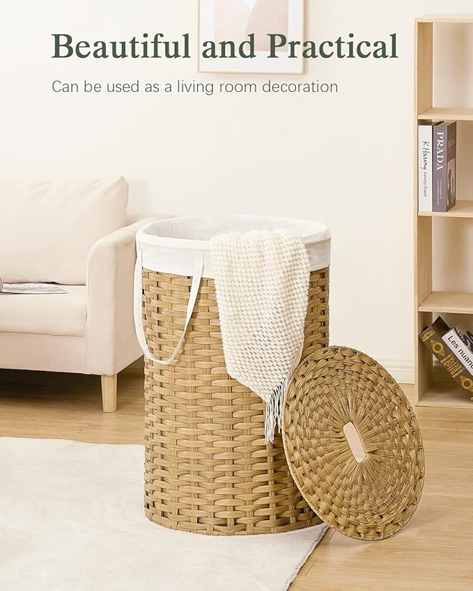 SETVSON Large Laundry Hamper Laundry Basket Round 34.3 Gal (130 L) Handwoven Wicker Laundry Baskets Rattan Laundry Basket with Laundry Bag Handles 2 Mesh Bags for Living Room Bedroom Natural