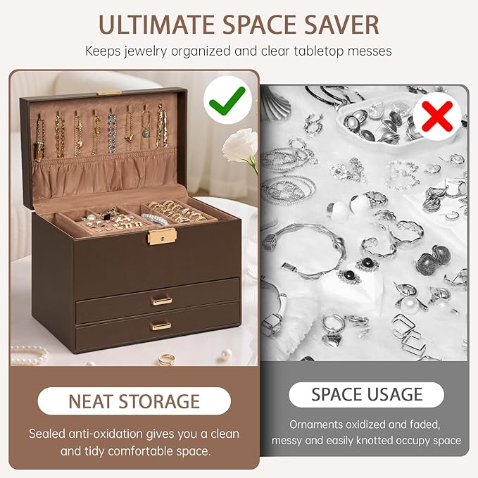 AKOZLIN Travel Jewelry Box Organizer Functional 2-trays Leather Jewelry Storage Case with Lockable Portable 2 Drawers for Women Girls Ring Necklace Earring Bracelet