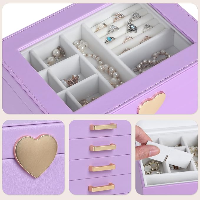 Kendal Jewelry Box, 5-Layer Jewelry Organizer Box with Glass Lid, Purple, Heart Shaped PU Leather, Storage Box for Necklace Earrings Rings Bracelets, Gift Idea for Girls LJC4DRPL