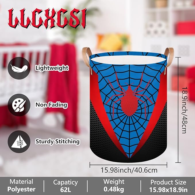 Blue Spider Web Large Laundry Hamper Basket, Round Collapsible Storage Organizer Bin for Kids, Boys, Nursery, Closet, Bedroom, Playroom, Toys, Dirty Clothes, 16"W x 20"H