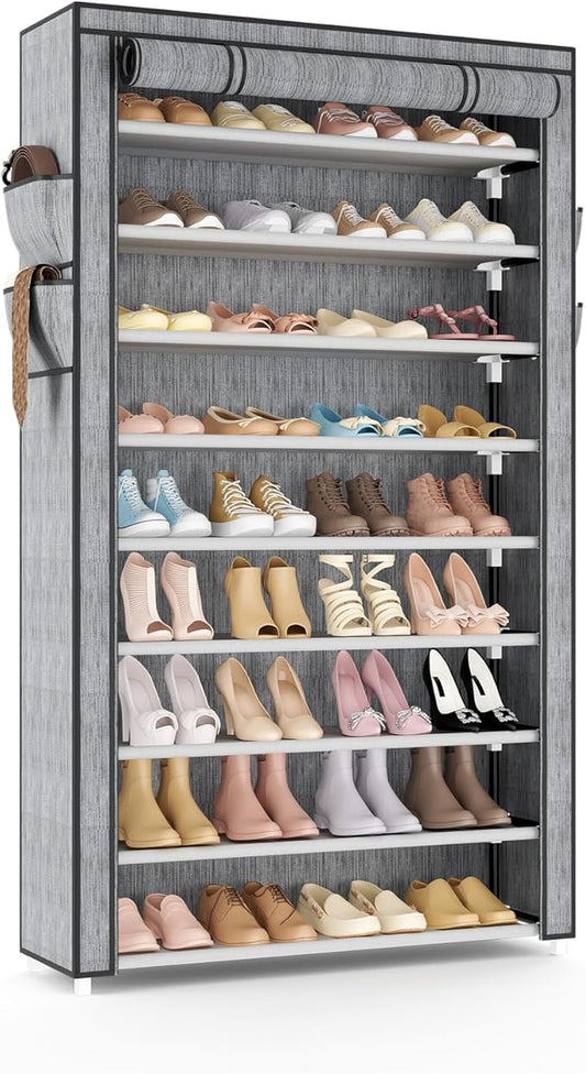 VILICK Shoe Rack with Cover Narrow Shoe Organizer with Pockets 10 Tier Tall Shoe Storage Holds 36-41 Pairs Shoes and Boots Shoe Rack for Closet Entryway Garage, Printing