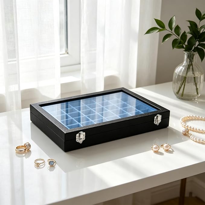 Stratalife Jewelry Organizer 48 Grid Jewelry Tray with Clear Lid Dust-proof Velvet Earring Organizer Necklace Rings Holder Display Drawer Storage Case for Women Blue Black