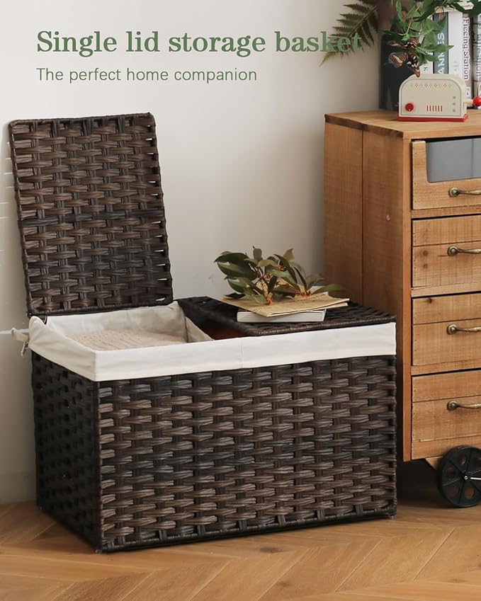 SETVSON Storage Basket with Lid Wicker Baskets for Storage with 2 Separate Lid 42.3 Gallon (160 L) 29.9 x 17.3 x 18.1 Inches Rattan Woven Large Wicker Basket with 2 Liners for Bedroom Laundry Brown
