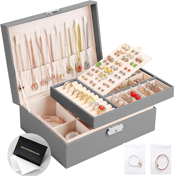 Jewelry Box for Women Girls 2 Layer Leather Travel Jewelry Organizer Storage Case with Lock and Removable Tray for Necklace Earrings Rings Bracelets Gift, Come with Polishing Cloth and Jewelry Bags