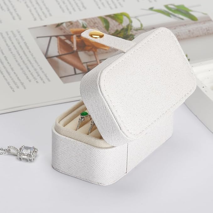 KUKUVR Small Travel Jewelry Box, Mini Jewelry Holder for Multiple Rings Necklace Earrings Lipstick, Portable Jewelry Storage Organizer Case with Removable Ring Slot (WHITE)