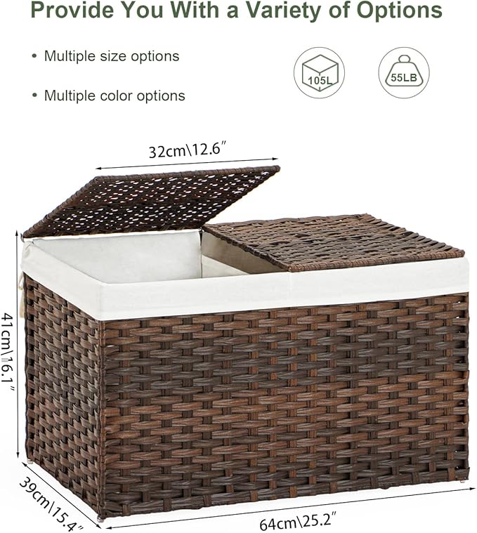 SETVSON Storage Basket with Lid Rattan Storage Basket with 2 Separate Lid, 27.8 Gallon (105 L) 25.2 * 15.4 * 16.1 Inches Woven Wicker Baskets with 2 Liners and Handles for Bedroom Laundry-Brown