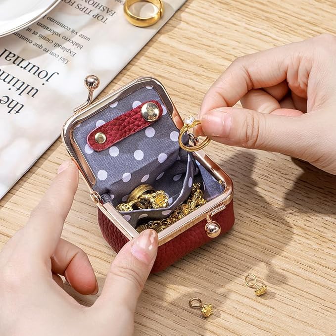 Genuine Leather Mini Jewelry Box & Vintage Wallet for Women - Compact Travel Coin Purse, Lipstick Storage Organizer, Retro Leather Clutch Case (Red/Mini)