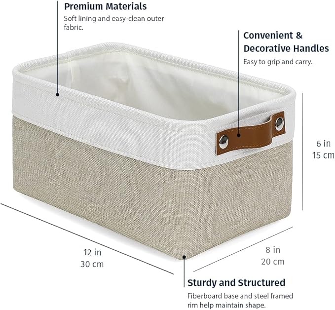 OrganiHaus Small Fabric Storage Baskets 3 Pack, 12x8in Cloth Storage Bins for Shelves, Small Baskets for Organizing Pantry Closet, Canvas Shelf Baskets, Beige/Off-White