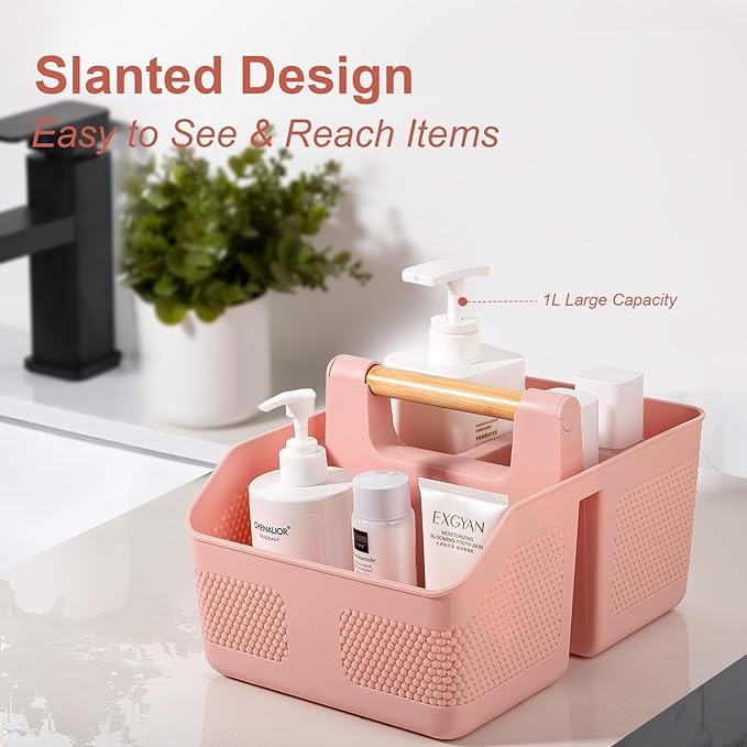 rejomiik Shower Caddy Portable with Bamboo Handle, Plastic Basket Cleaning Caddy Organizer Storage Tote for Bathroom, College, Dorm Room Essentials, Pink