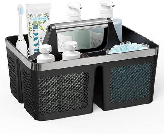 BYUNER Black Shower Caddy Portable: Plastic Bathroom Caddy Organizer with Handle and Holes, Cleaning Caddy, Hard Shower Basket Storage Tote for Toiletry, College Dorm Room Essentials for Men