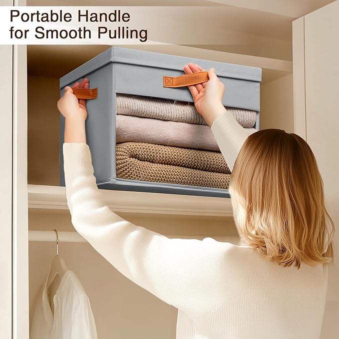 Homsorout Large Storage Bins with Lids - 4 Pack Foldable Decorative Organizers with Clear Windows & Handles, Cube Storage Organizers for Clothes, Blankets, Sweaters, Sheets, Grey