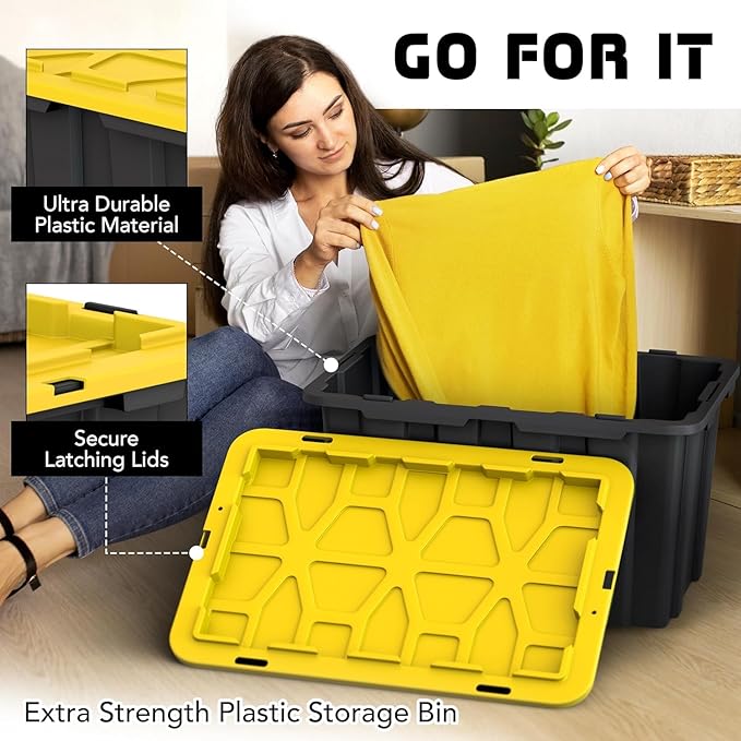 4 PACK Large Black & Yellow Storage Bins | Plastic Tote Organizing Container with Secure Latching Lids, Stackable, Extra Strength with Built in Handle | Black and Yellow Bins | 24.5" x 16.5" x 13.5"