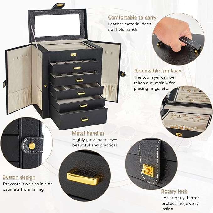 AKOZLIN Huge Jewelry Box Organizer Functional Extra Large Leather Jewelry Storage Case for Women Girls Ring Necklace Earring Bracelet Holder Organizer with Mirror Black