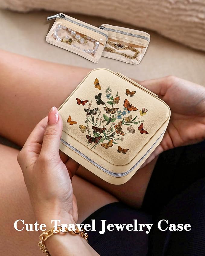 Bistup Travel Jewelry Case - Small Jewelry Organizers and Storage Box for Women Girls Teens Cute Traveling Jewelry Holder with Mirror Little Tiny Compact Flower Modern Unique Aesthetic Pretty