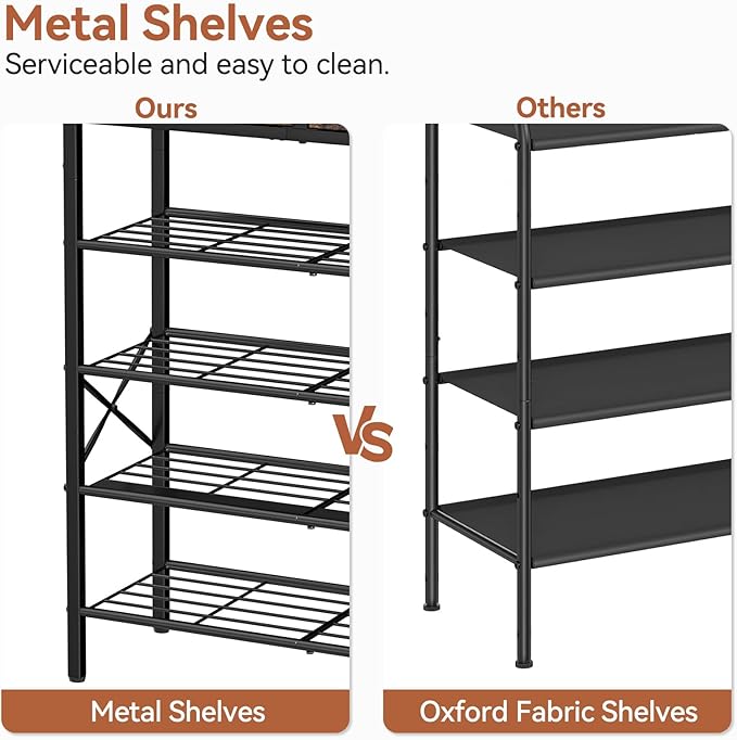 Shoe Rack for Entryway, 5 Tier Shoe Organizer with 2 Non-woven Drawers, Metal Storage Shoe Shelf for 16-20 Pairs of Shoes, with Wooden Top and Steel Frame, Shoe Stand for Closet Rustic Brown