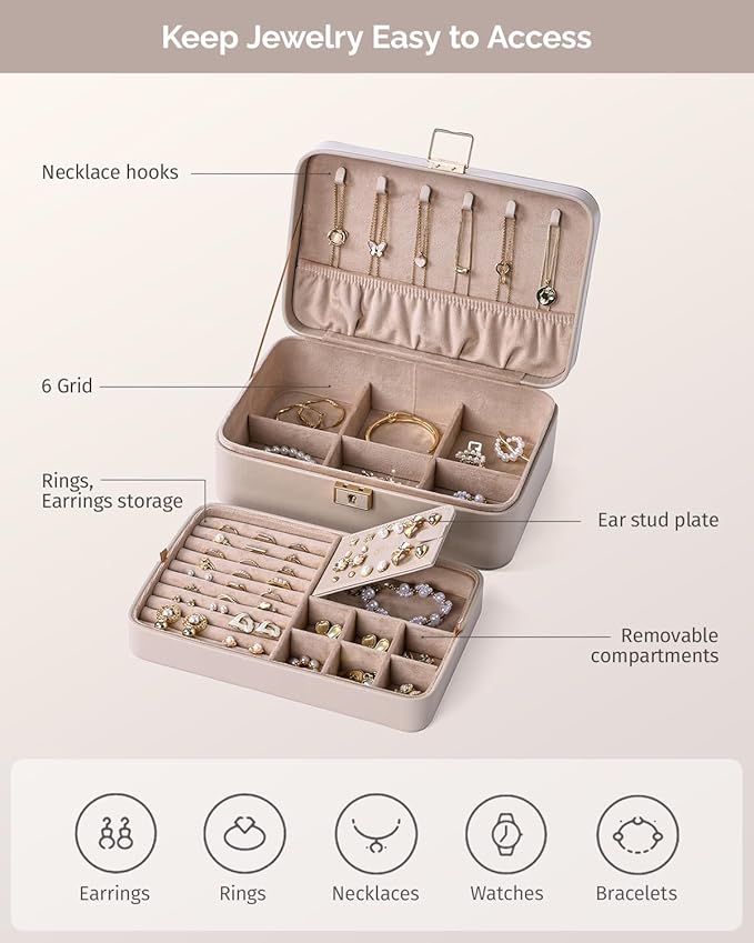 Jewelry Box, 2-Layer Jewelry Holder Organizer with Lock, Removable Jewelry Tray for Earrings Necklaces Bracelets, Light Taupe
