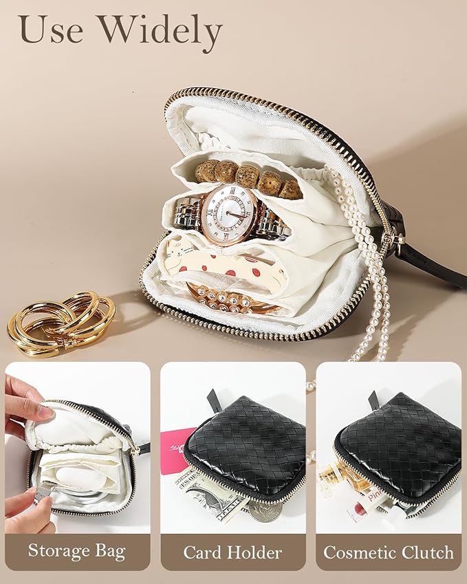 COOLYOUTH Travel Jewelry Case Organizer for Women Portable Jewelry Box with Small Pouches Mini Jewelry Bag for Rings, Bracelets, & Bangles with Smooth Metal Zipper (Black)