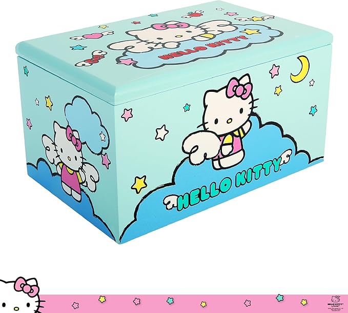 Hello Kitty Jewelry Box with Tray and Storage Official License, Blue Jewelry Box, Wood Jewelry Organizer, Sanrio Gifts (Blue)