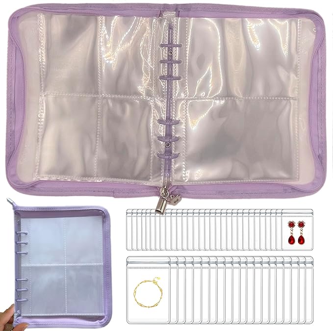 HSLFUAI Transparent Jewelry Storage Book Travel Jewelry Organizer Transparent Jewelry Book Organizer for Necklace Bracelet Ring Holder Jewelry Organizer Book with Small Clear Pouch - Purple