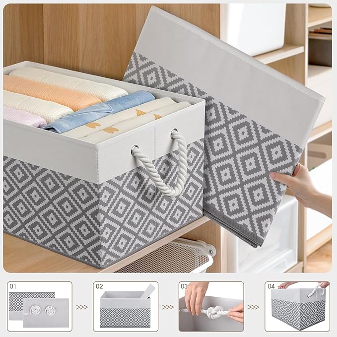 StorageTastic Storage Bins, 2-Pack Large Storage Box with Rope Handles, Collapsible Storage Basket for Organizing Books, Clothes, Rhombic Grey