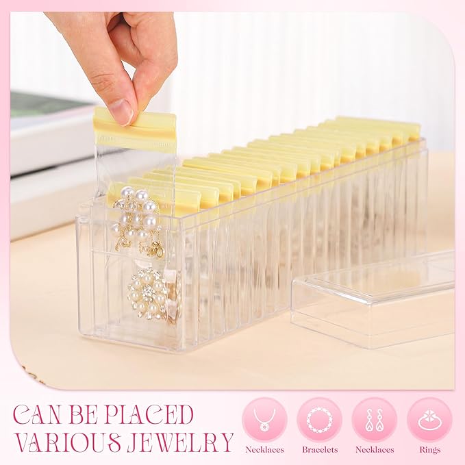 Kenning 21 Pcs Acrylic Jewelry Case Organizer, Clear Jewelry Organizers Holder with Portable Anti Tarnish Storage Bags for Rings, Earrings, Necklaces, Ideal Gifts for Women (Yellow)