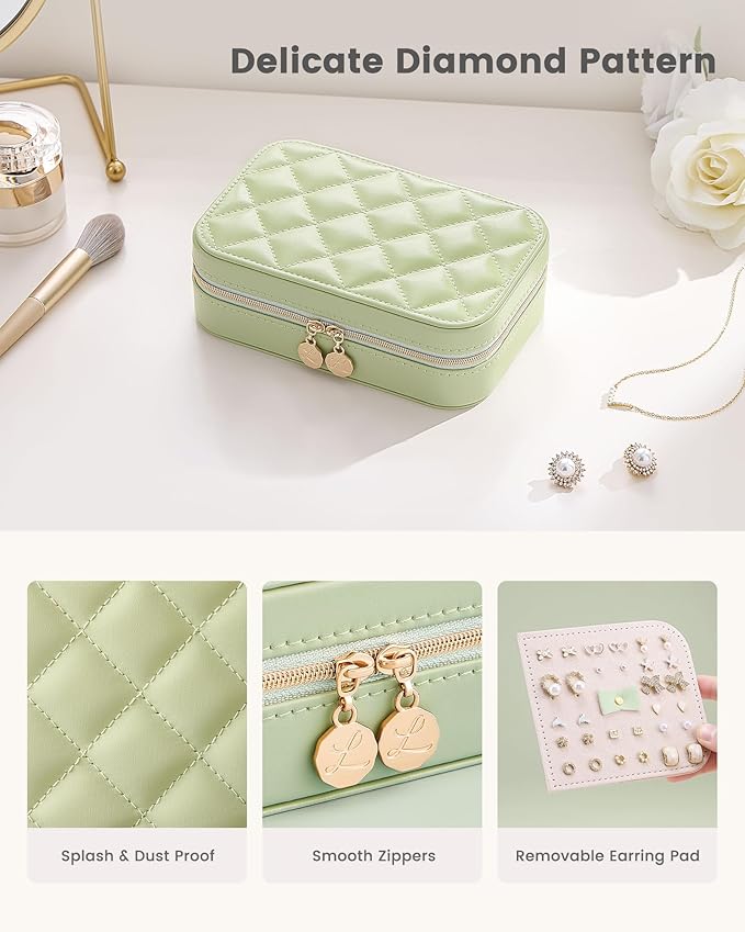 Lolalet Travel Jewelry Case for Women Girls, PU Leather Jewelry Organizer with Clear Storage Bag Small Portable Jewelry Box for Necklace Bracelet Earring Ring Mothers Day Birthday Gifts -Medium/Green