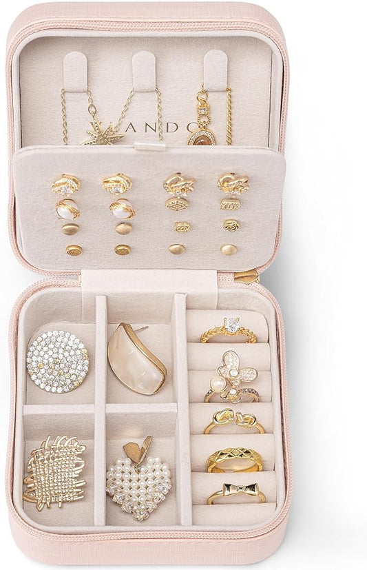 VLANDO Travel Jewelry Case, Small Travel Jewelry Organizer Box for Girls Women - Pink