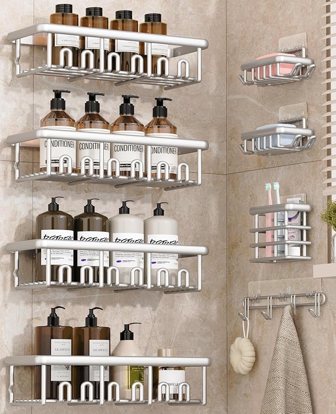 8 Pack Adhesive Rustproof Shower Shelves with Soap Dishes, Toothbrush Holder & Hooks, Large Capacity No-Drilling Shower Shelves Rack for Bathroom Organizers and Storage Accessories, Silver