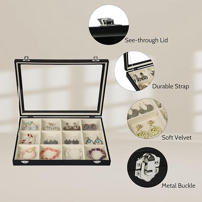 Stratalife Jewelry Organizer Bracelet Holder Organizer Box Earring Storage Drawer Jewelry Display Anti Tarnish Ring Holder For Women Girls 12 Grid (Beige Black)