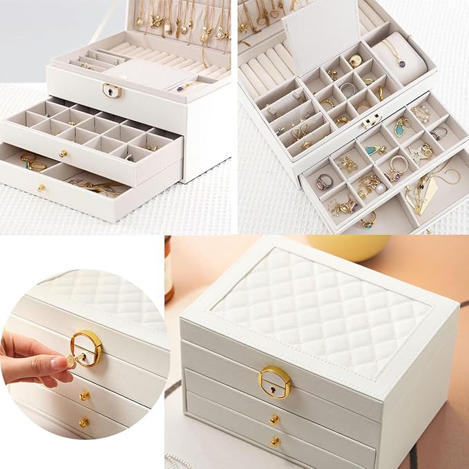 GUOER Jewelry Box for Women Girl Wife 3 Layers Large PU Leather Jewelry Organizer Storage Case with Two drawers Display for Earrings Bracelets Rings Watches Mother's Day (White)