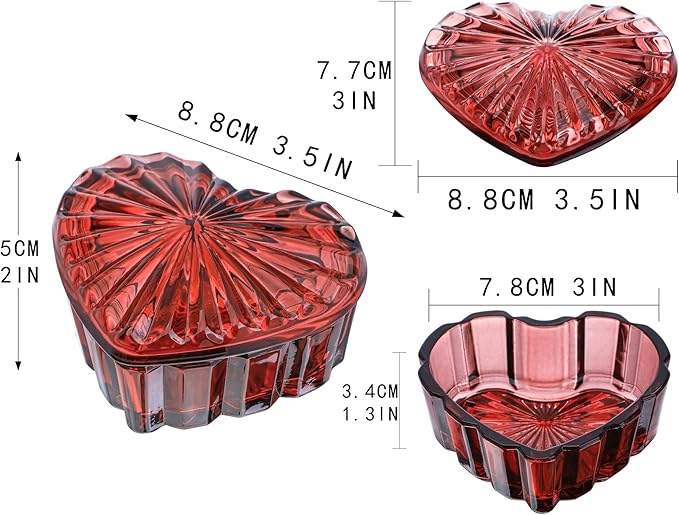 kanpura Crystal Glass Heart-Shaped Jewelry Box,Candy Box with Lid,Women's Covered Earrings Necklace Chest Trinket Storage Box, Glass Jar Christmas Gifts for Women and Girls(Burgundy)
