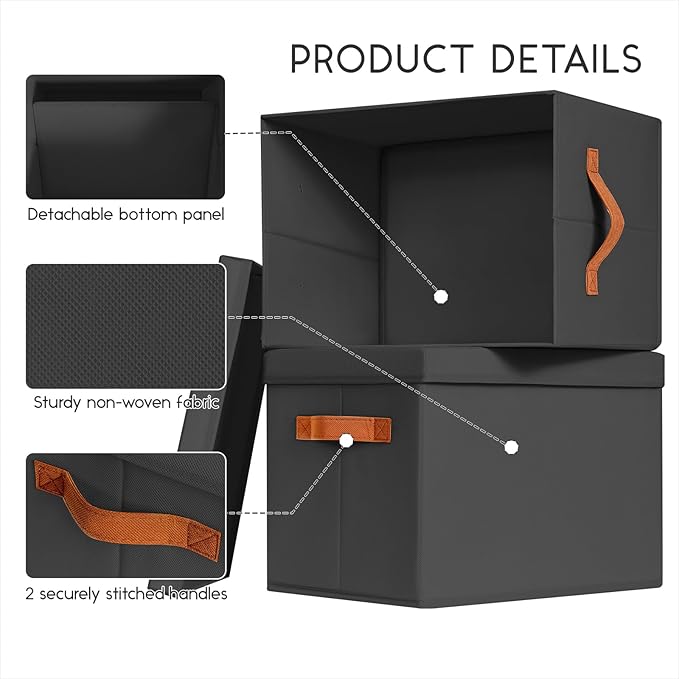 Homsorout Storage Bins with Lids - Large Fabric Closet Bins with Lid, 8 Pack Clothes Organizers and Storage, Collapsible Stackable Cube Basket for Home, Office, Dorm, Black