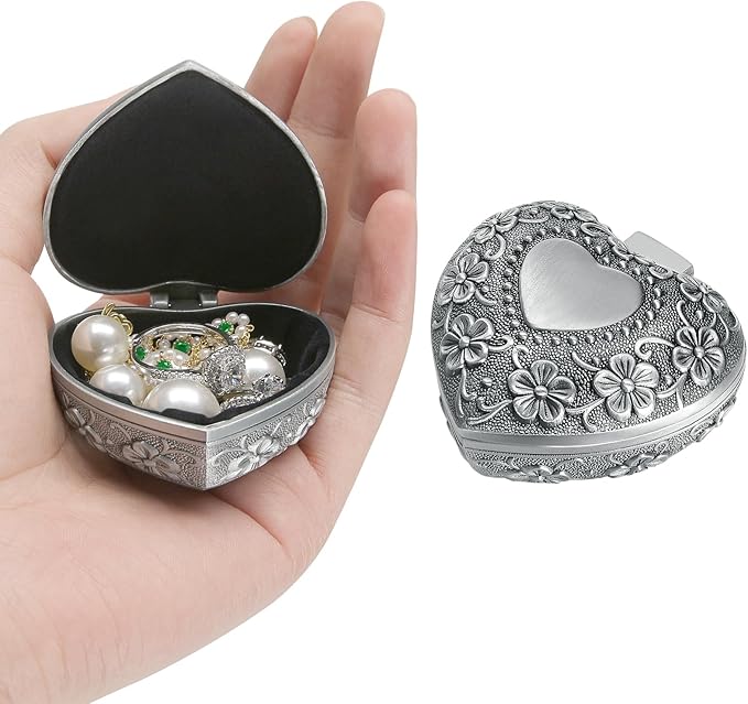 Vintage Metal Jewelry Gift Box, Small Heart Shape Trinket Storage Organizer Case for Ring/Earrings/Necklace/rosary, Keepsake Treasure Holder Box for Bedside Dresser Decorative (Style 1)