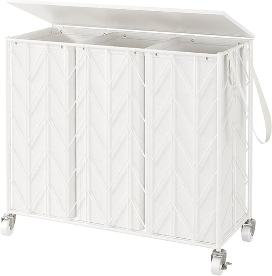 WOWLIVE Laundry Basket with Wheels, 142L Laundry Hamper 3 Section with Lid, Dirty Clothes Hamper with Removable Bags, Large Capacity Iron-Made Laundry Basket Organizer Laundry Sorter for Dorm, White