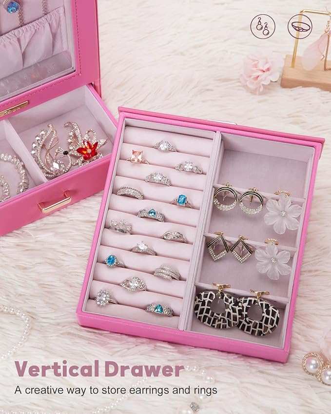 Homde Mothers Day Gifts Jewelry Organizer Girls Women Jewelry Box for Necklaces Rings Earrings Gift Bracelets Storage Case(Pink + Gold)
