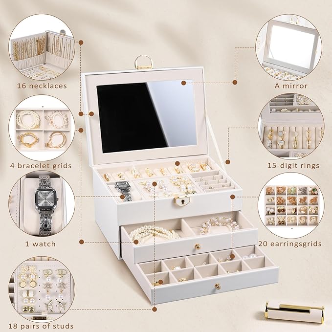 3 Layer Jewelry Boxes for Women with Mirror Large Jewelry Organizer Box with 2 Jewelry Organizer Drawer PU Lockable Elegant Unique Gifts for Women, White