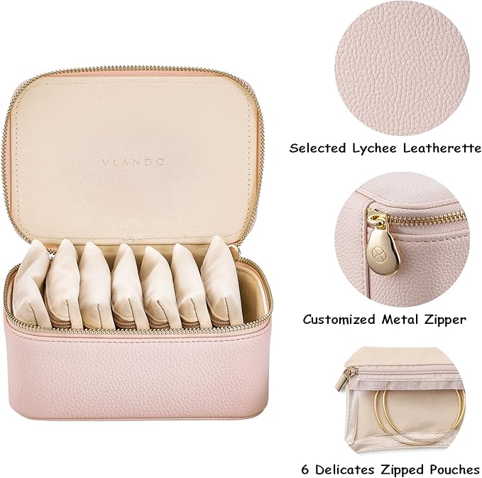 VLANDO Travel Jewelry Box Organizer – Portable PU Leather Jewelry Case with 6/8/12 Zippered Pouches, Compact Storage for Earrings Rings Necklaces Bracelets, Rosy Mauve