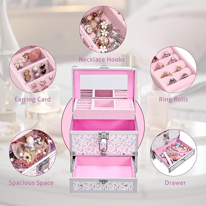 Hododou Girls Jewelry Box Organizer with Drawer & Mirror, Shiny Pink Style Lockable Storage Case for Kid or Little Girls Jewelry and Hair Accessories Lilac