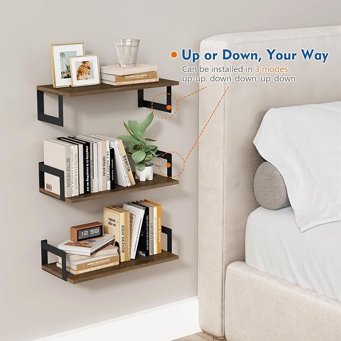Harwaya Floating Book Shelves for Wall Set of 3, 17 x 8 Inch Deep Wooden Wall Bookshelf for Bedroom Office, Rustic Wood Hanging Wall Shelves for Living Room Kitchen (Dark Brown)