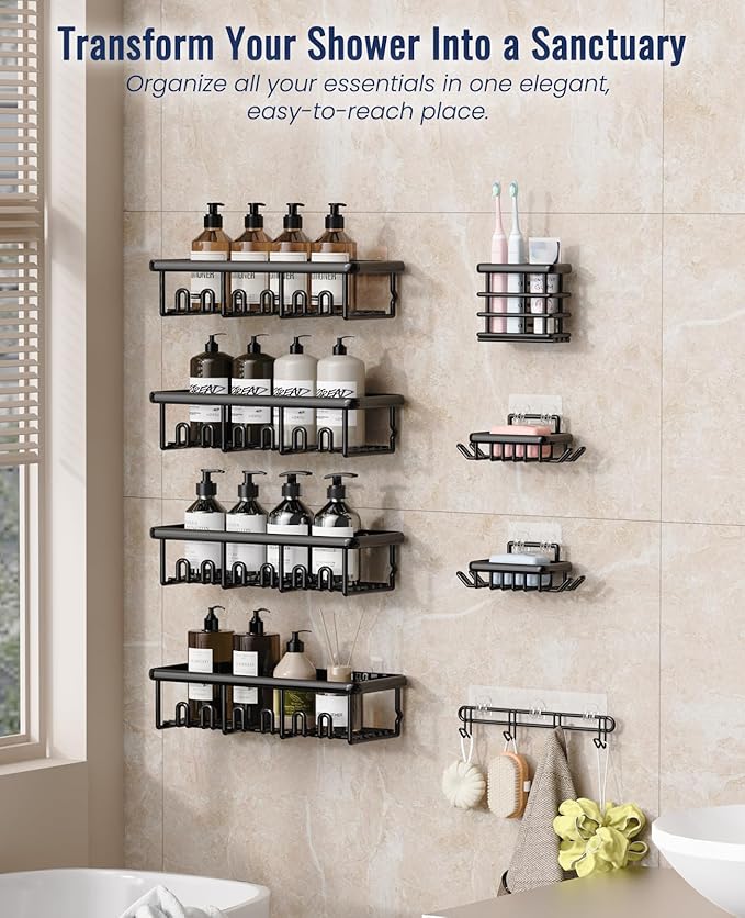 8 Pack Adhesive Rustproof Shower Shelves with Soap Dishes, Toothbrush Holder & Hooks, Large Capacity No-Drilling Shower Shelves Rack for Bathroom Organizers and Storage Accessories, Black